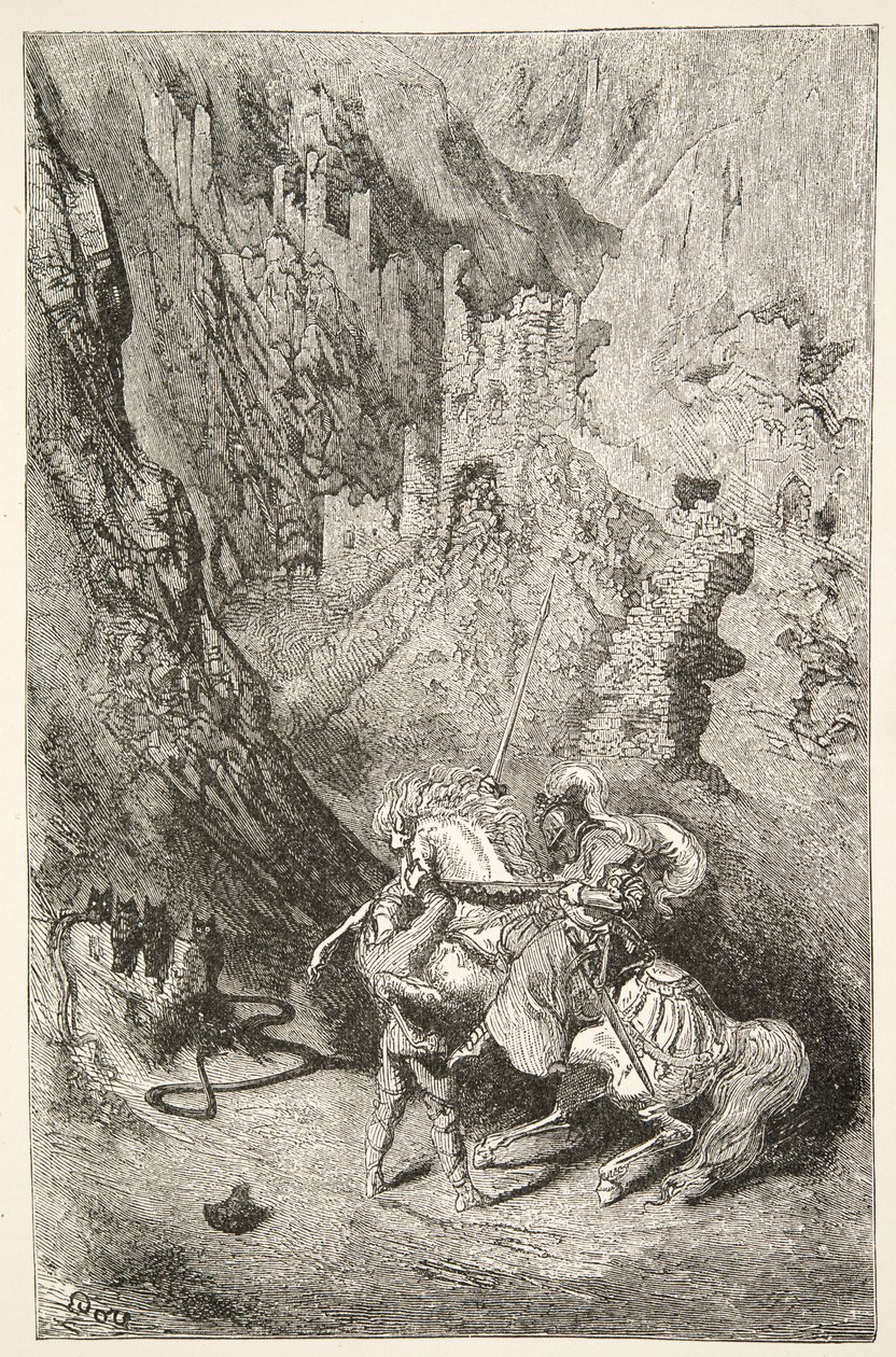 Sulla strada per la Cappella Verde, da Stories of the Days of King Arthur di Charles Henry Hanson, pub.1898 da Gustave Dore