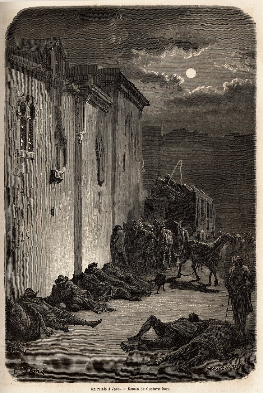 Una notte in una stazione di posta a Jaén. Disegno di Gustave Doré per illustrare il suo viaggio in Spagna nel 1862 con Ch. Davillier. Incisione in "Le tour du monde", a cura di Edouard Charton da Gustave Dore