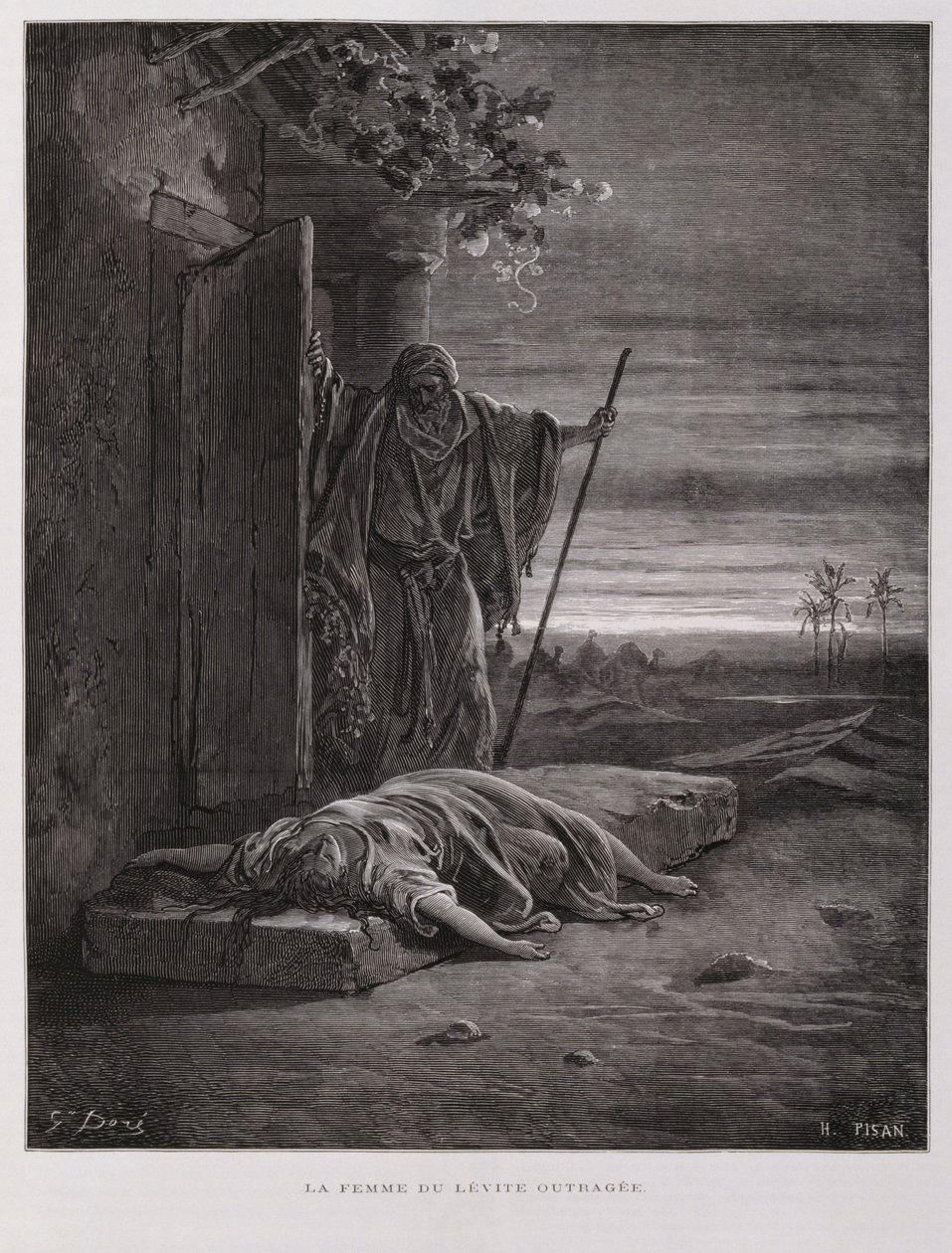 Olocausto a Ghibea, il levita porta via la sua concubina morta, Illustrazione dalla Bibbia di Doré da Gustave Dore