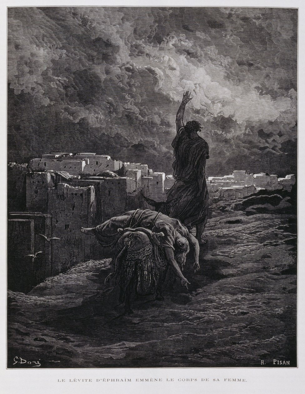 Olocausto a Ghibea, il Levita porta via la sua concubina morta, Illustrazione dalla Bibbia di Doré da Gustave Dore