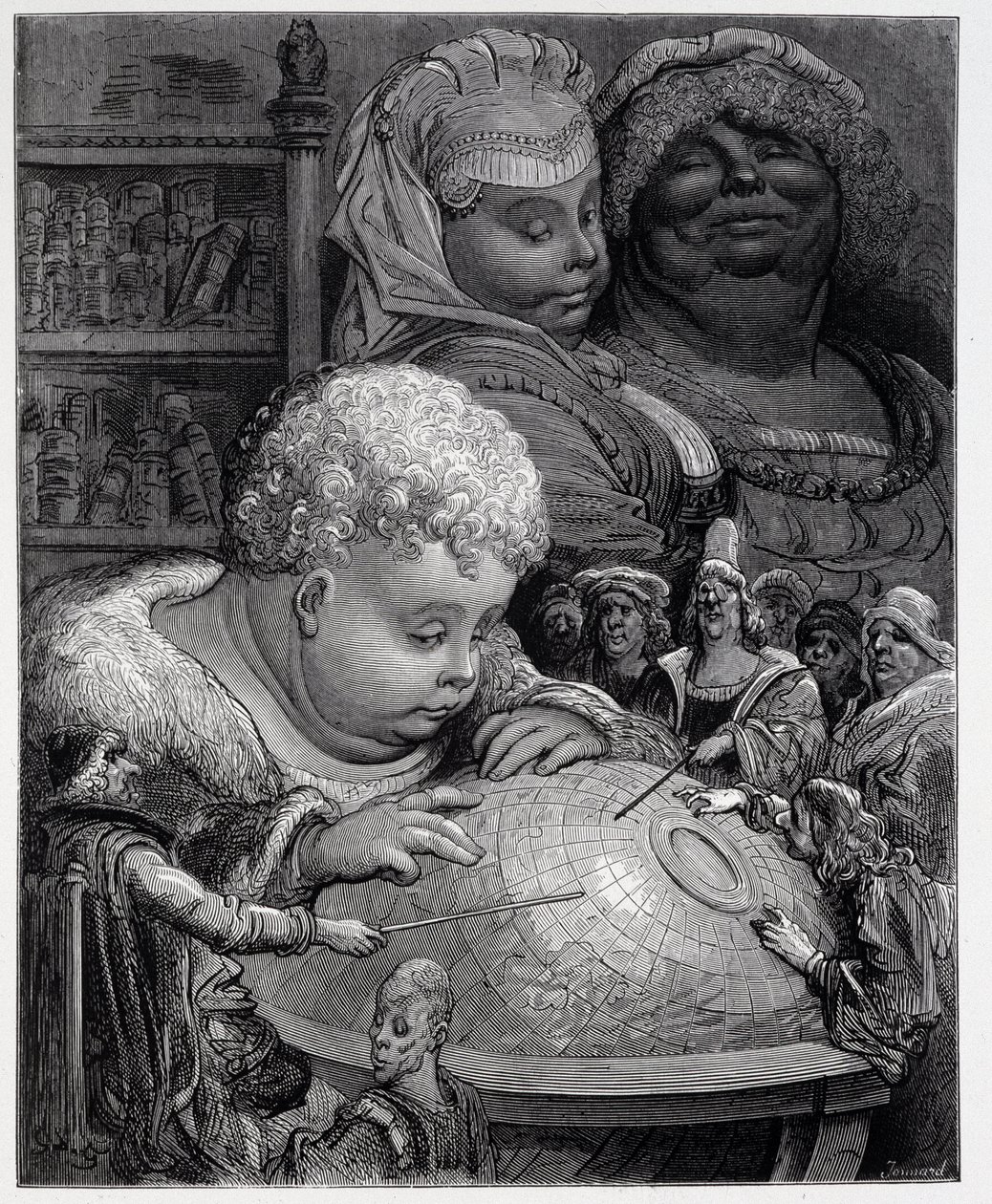 Pantagruel che segue un corso di geografia da Gustave Dore