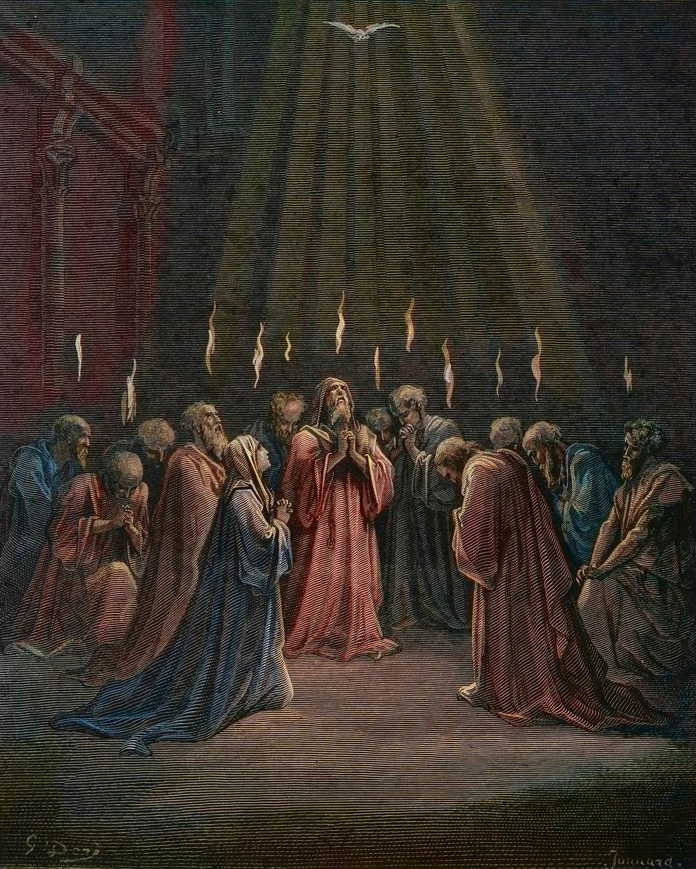 Pentecoste - Pentecoste (discesa dello Spirito Santo) - Pentecoste, la discesa dello Spirito Santo, incisione di Gustave Doré (1832-1883) - colorazione successiva da Gustave Dore