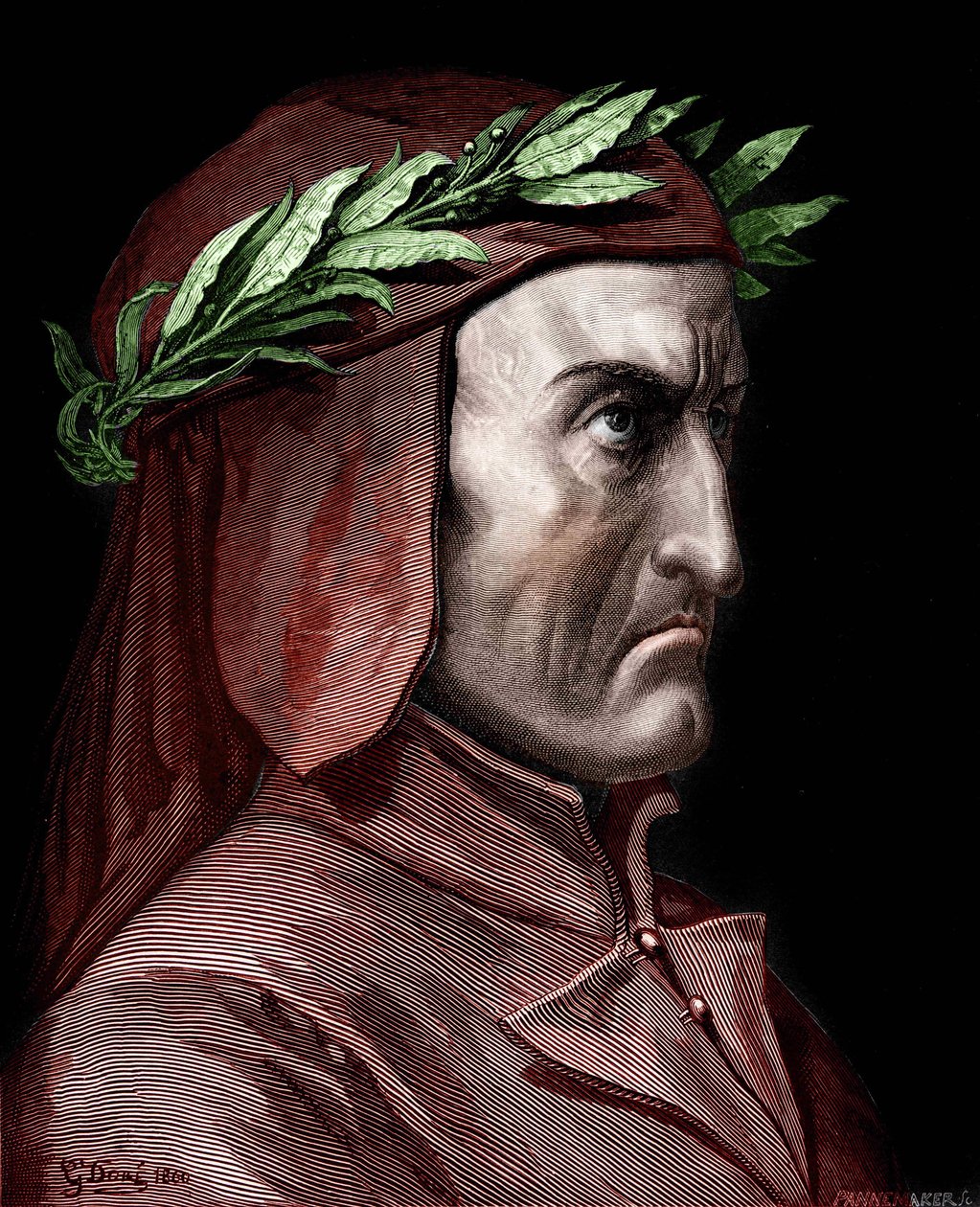 Ritratto di Dante Alighieri (1265-1321), scrittore italiano. Incisione di Gustave Doré del 1860. da Gustave Dore