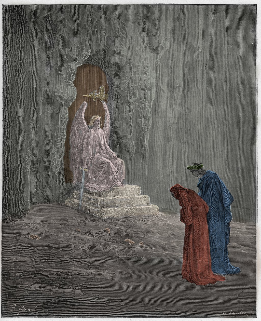 Purgatorio, Canto 9: Dante e Virgilio ai portali del Purgatorio, illustrazione da "La Divina Commedia" di Dante Alighieri, 1885 da Gustave Dore