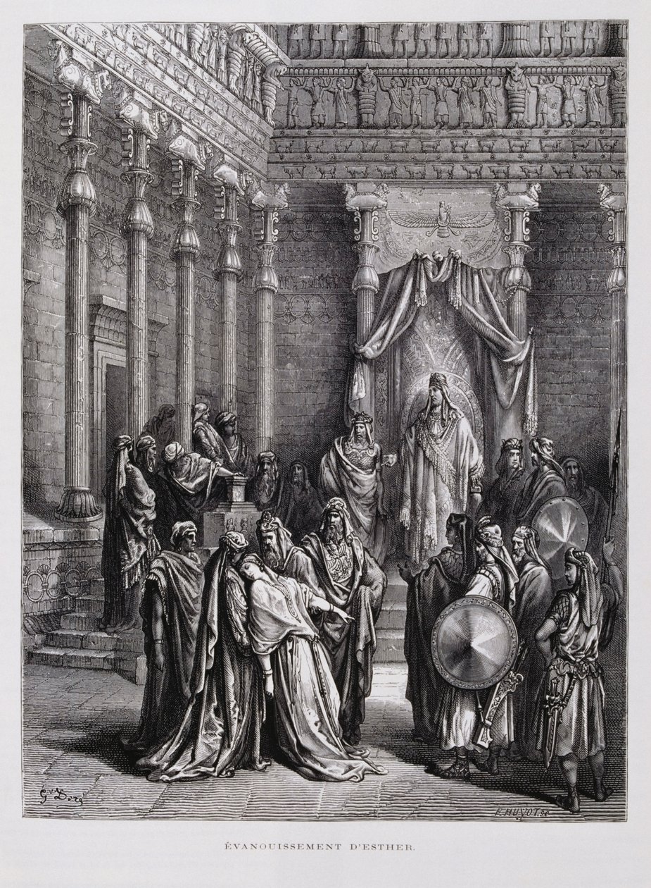 La regina Ester sviene davanti al re, Illustrazione dalla Bibbia di Doré da Gustave Dore