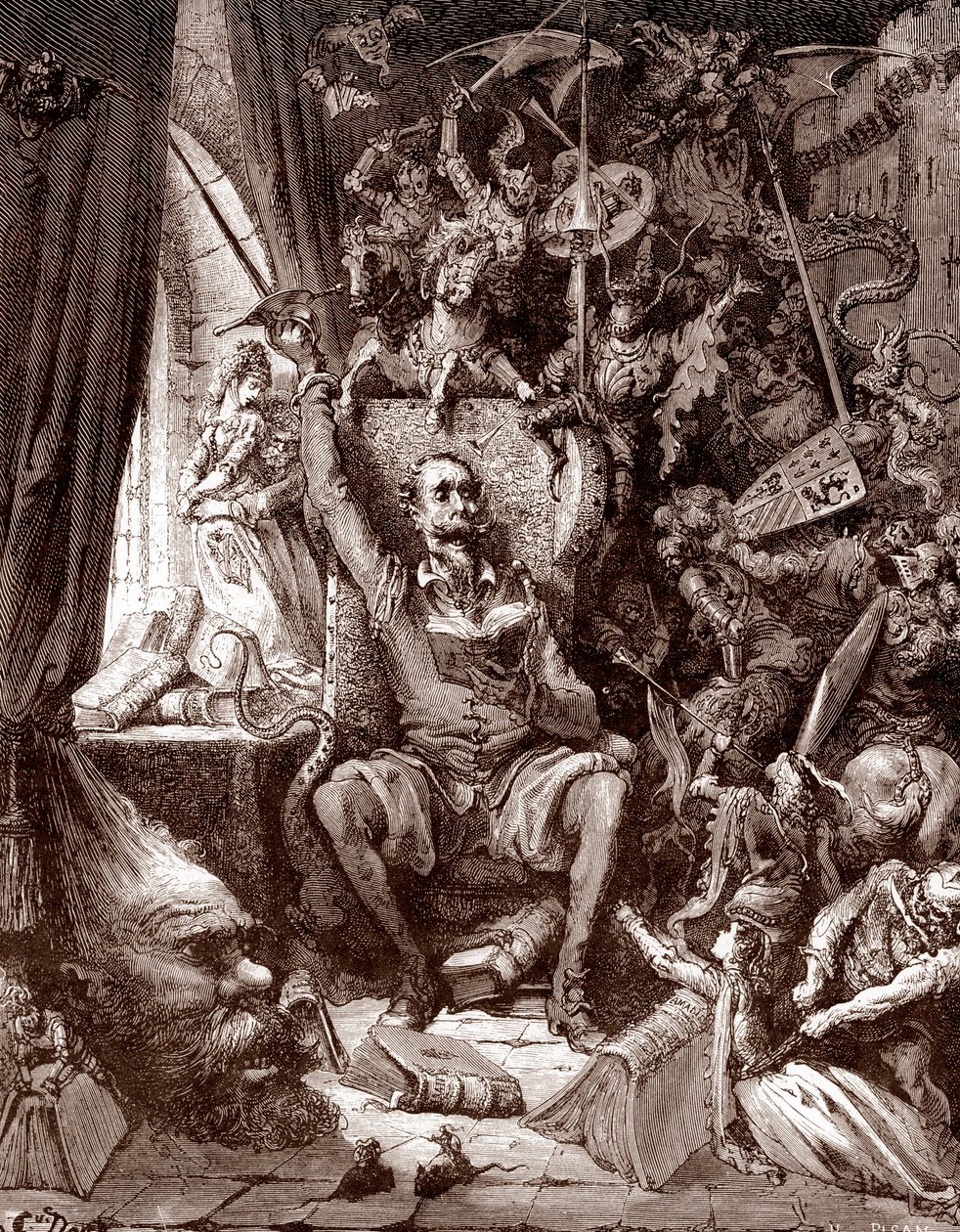 Rappresentazione di Don Chisciotte nella sua biblioteca circondato dalle creature dei suoi libri, incisione di Gustave Doré per L