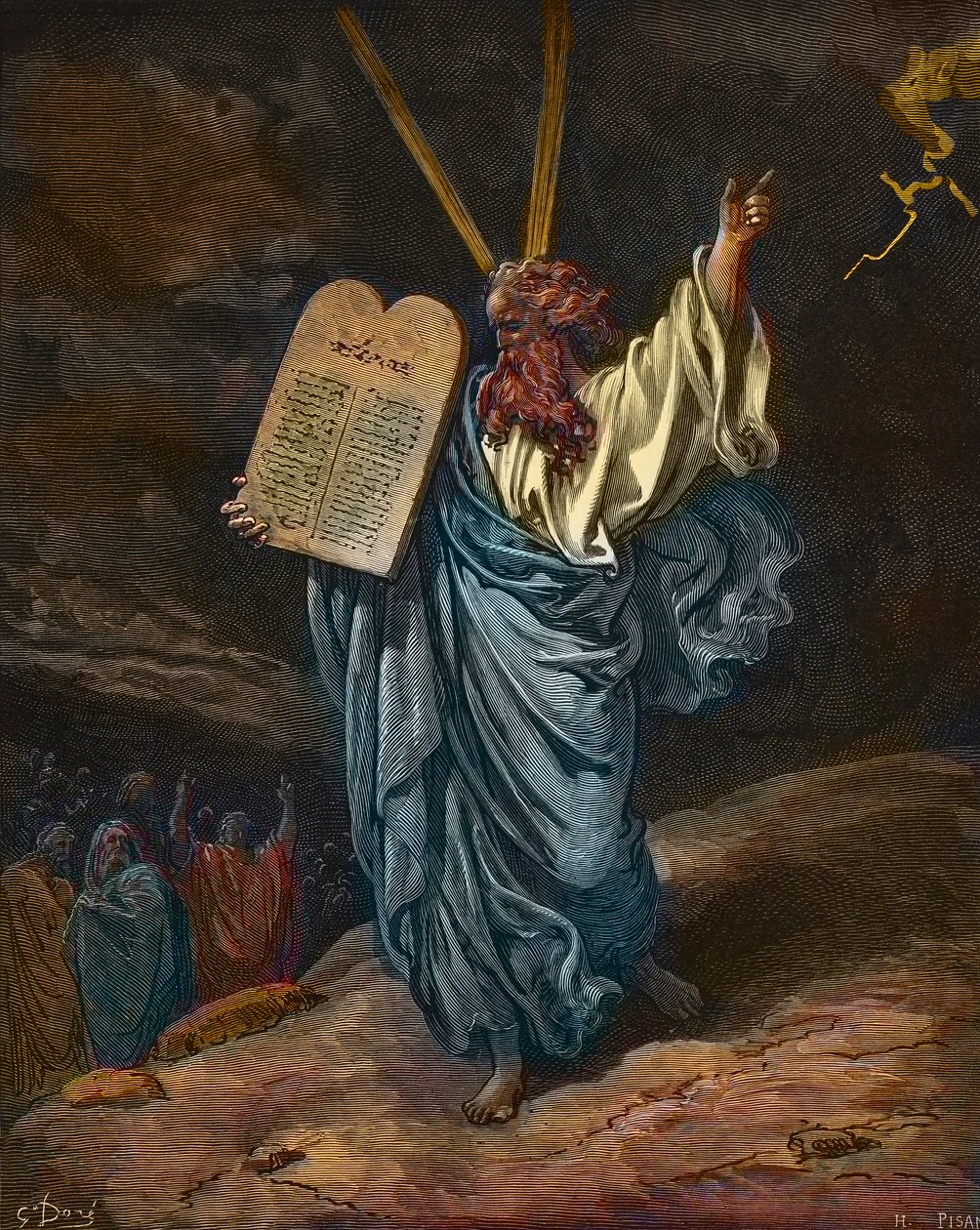 Rappresentazione di Mosè con le nuove Tavole della Legge sul Monte Sinai - incisione di Gustave Doré (1832-1883) - colorazione successiva da Gustave Dore