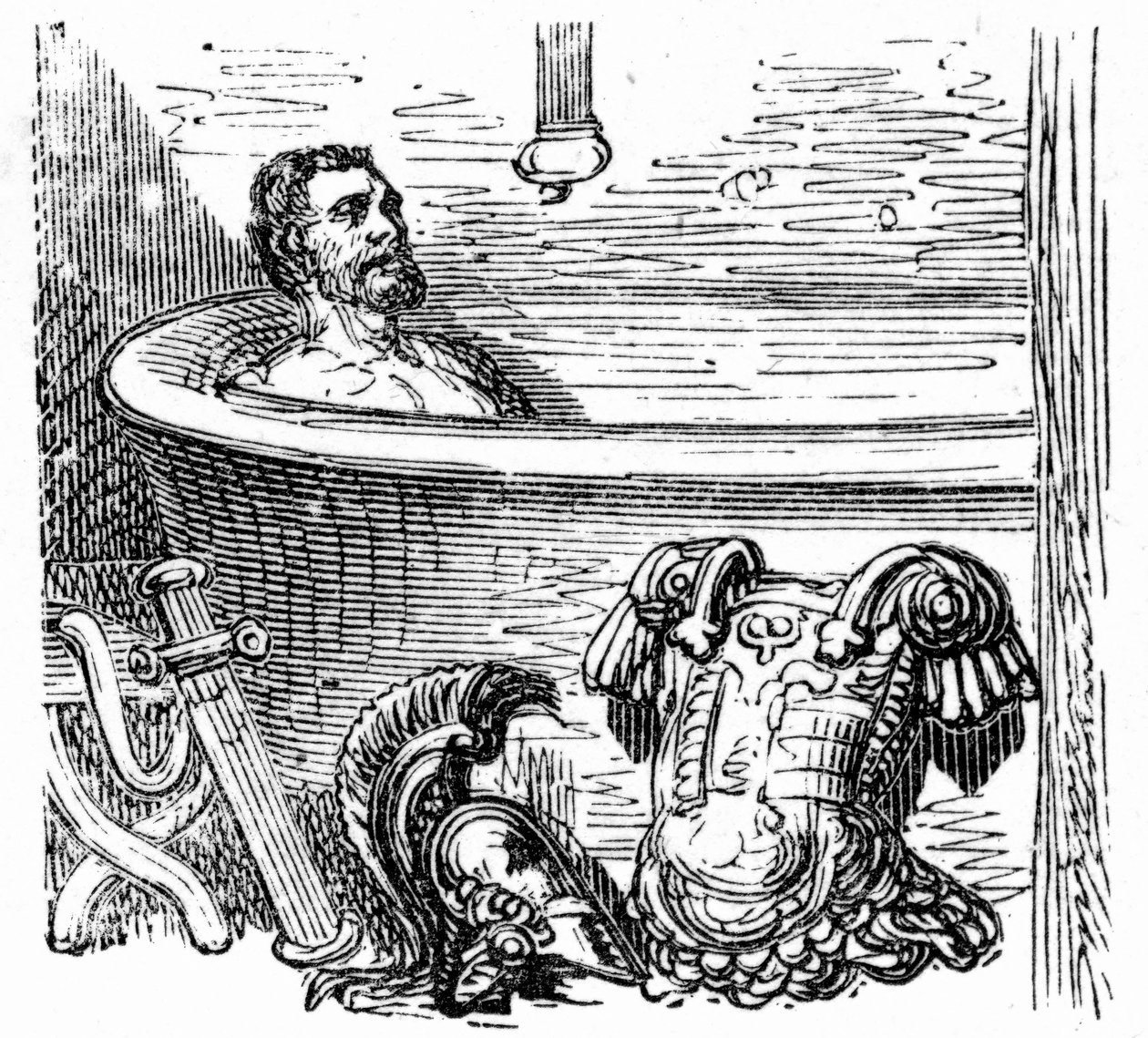 Soldato romano che fa il bagno alle terme di Bagnères-de-Bigorre: incisione di Gustave Doré che illustra il libro "Voyage aux Pyrénées" di Hippolyte Taine, Hachette 1860 da Gustave Dore