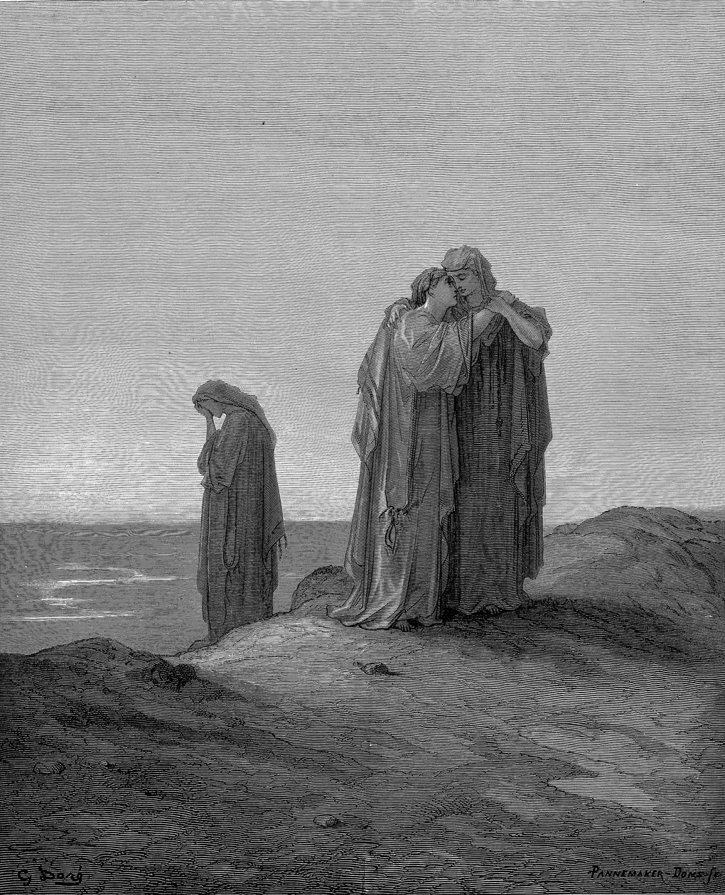 Ruth che abbraccia la suocera Naomi e promette di restare con lei ora che sono in lutto, 1866 da Gustave Dore