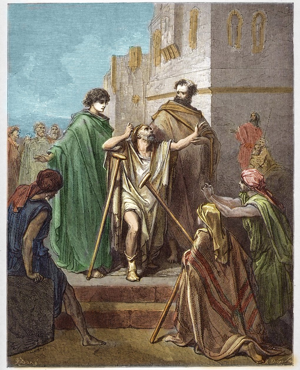 San Pietro e San Giovanni guariscono un paralitico - San Pietro, accompagnato da San Giovanni, guarisce miracolosamente un paralitico a Gerusalemme - incisione in 