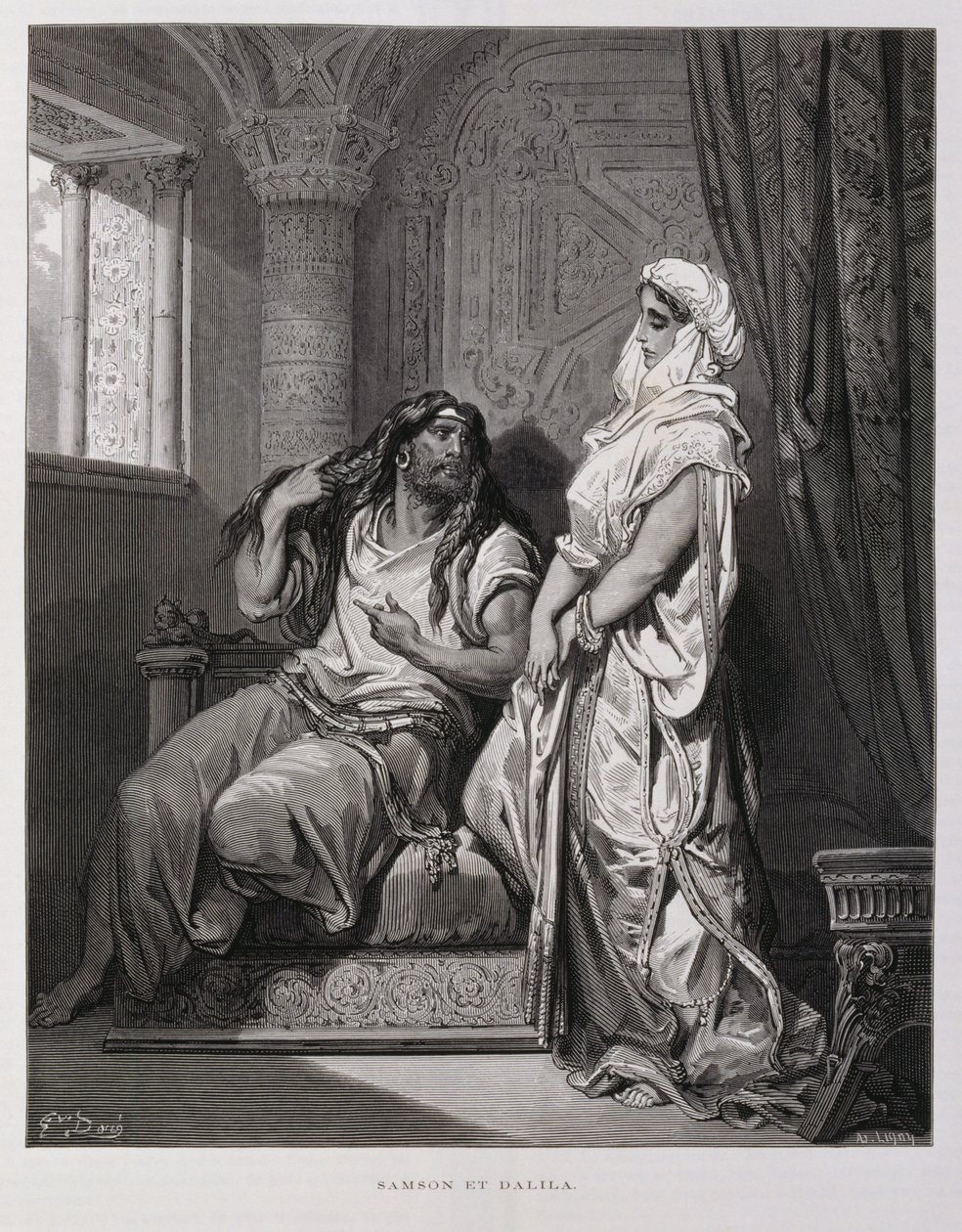 Sansone e Dalila, Capitolo 16 del Libro dei Giudici, Antico Testamento, illustrazione dalla Bibbia di Doré da Gustave Dore