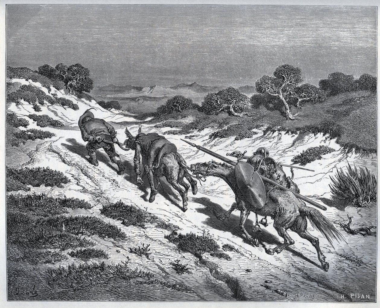 Sancho Panza, Don Chisciotte e i loro destrieri dopo la sconfitta contro i Yangher - da "Don Chisciotte della Mancia" di Miguel Cervantes (1547-1616) - xilografia dopo disegno di Gustave Doré. da Gustave Dore
