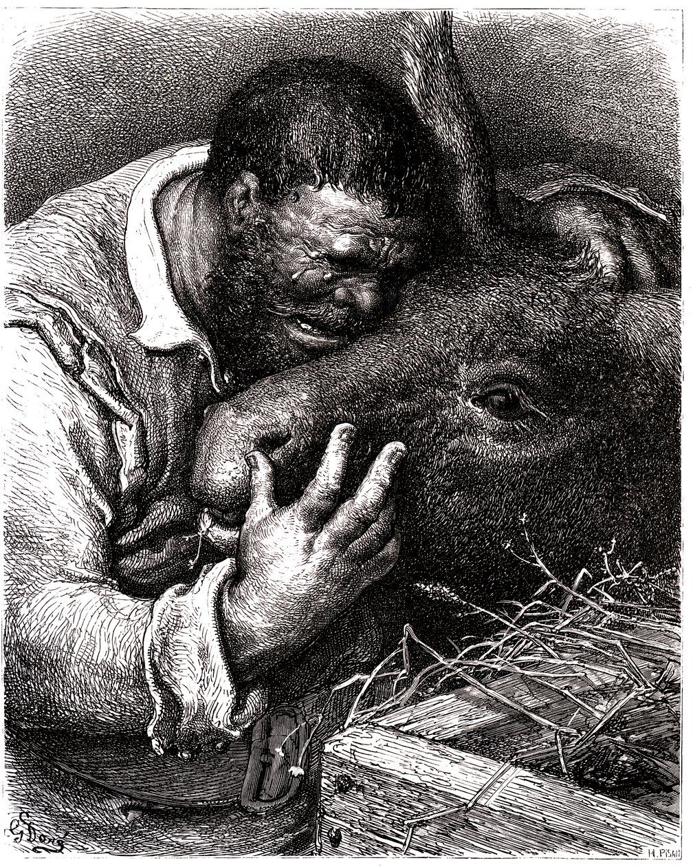 Sancho Panza piange mentre bacia il suo asino da Gustave Dore