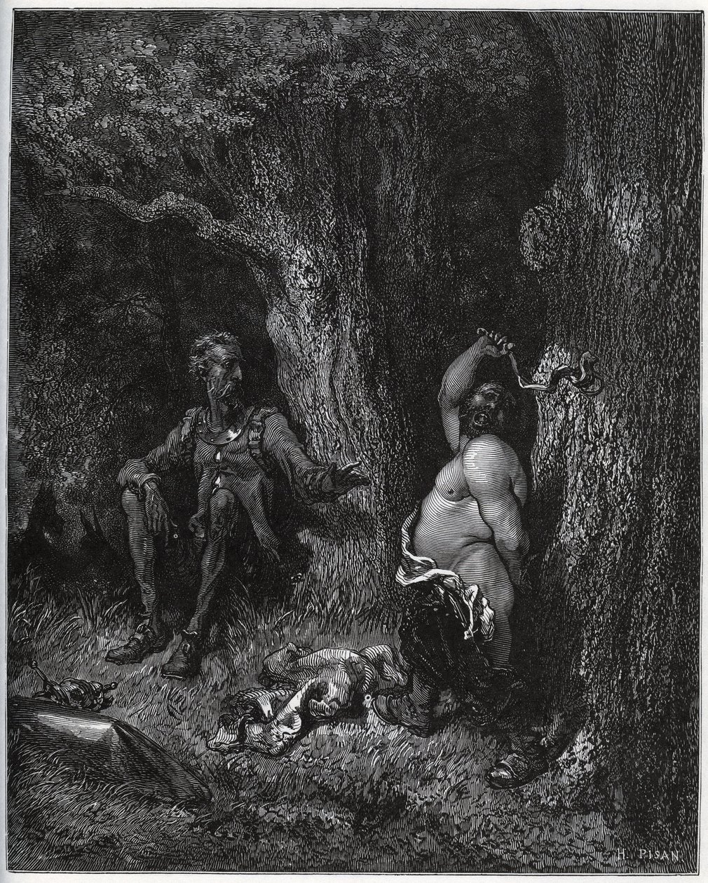 Sancho Panza vola davanti a Don Chisciotte per adempiere al desiderio di Merlino e così disincantare Dulcinea del Toboso. Don Chisciotte lo esorta a moderare i suoi ardori - da 