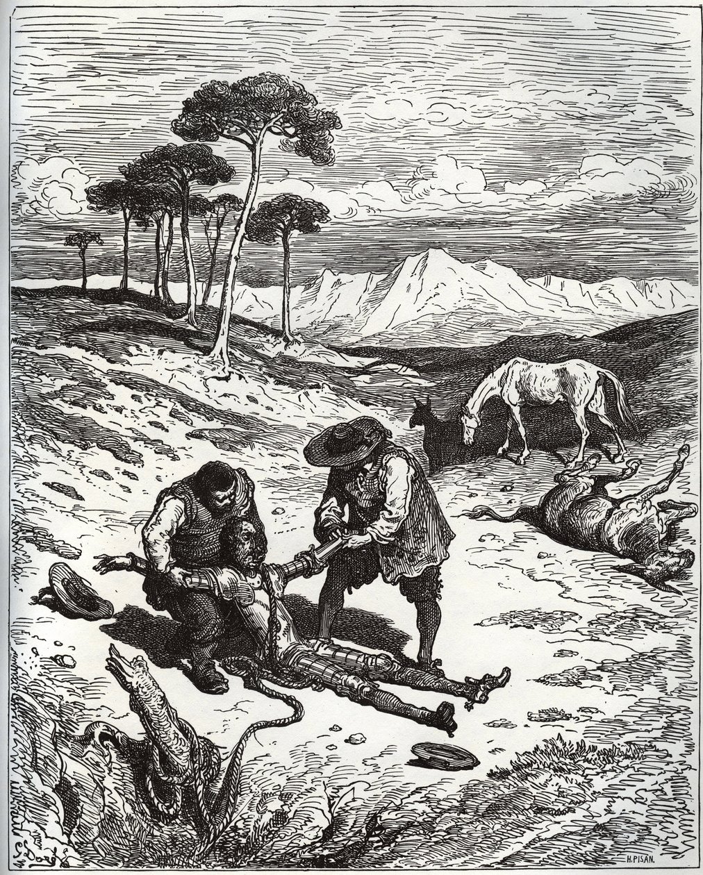 Sancho e il cugino tirano fuori Don Chisciotte (addormentato) dalla grotta di Montesinos - da Don Chisciotte della Mancia di Miguel Cervantes (1547-1616) - xilografia su disegno di Gustave Doré da Gustave Dore