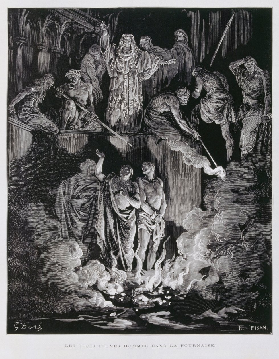 Shadrach, Meshach e Abednego nella fornace ardente, illustrazione dalla Bibbia di Doré da Gustave Dore