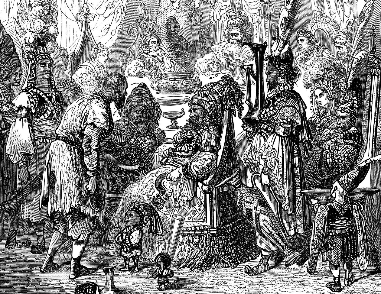 Sindbad il marinaio - racconto delle mille e una notte - illustrazione di Gustave Doré (dettaglio) - edizione Maxwell 1865 - Prologo: un povero portatore (Hinbad) si presenta davanti a Sindbad, che è diventato vecchio e ricco. Quest