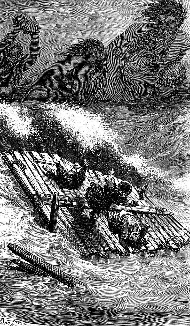 Sindbad il marinaio - racconto delle mille e una notte - illustrazione di Gustave Doré - edizione Maxwell 1865 - Terzo viaggio: Sindbad e i suoi compagni, avendo preso il mare su una zattera, sono inseguiti da giganti che lanciano loro enormi pietre da Gustave Dore