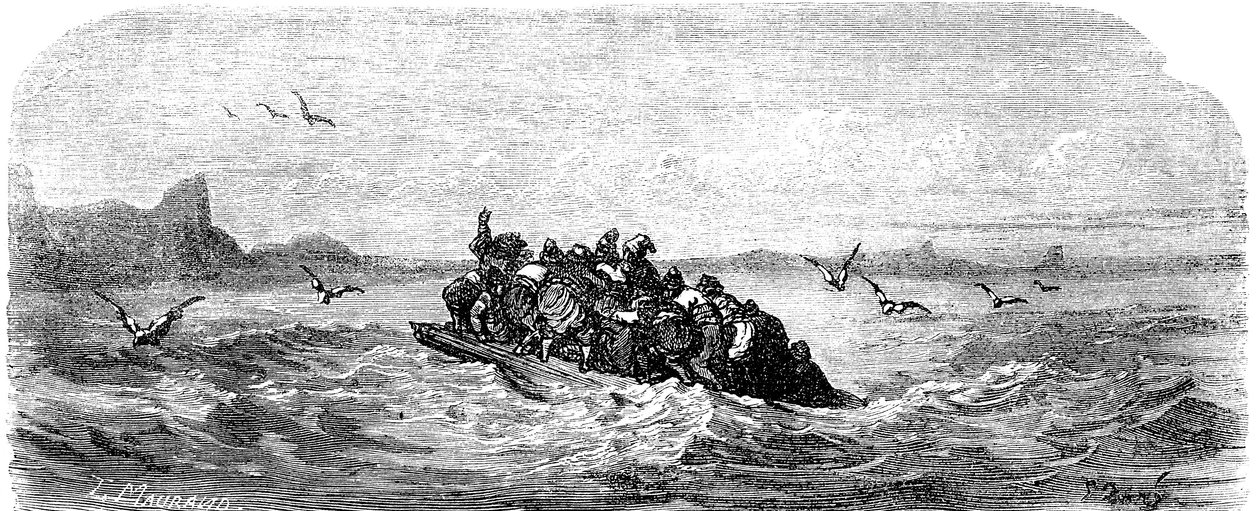 Sindbad il marinaio - racconto delle mille e una notte - illustrazione di Gustave Doré - edizione Maxwell 1865 - Terzo viaggio: Sindbad e i suoi compagni navigano su una zattera da Gustave Dore