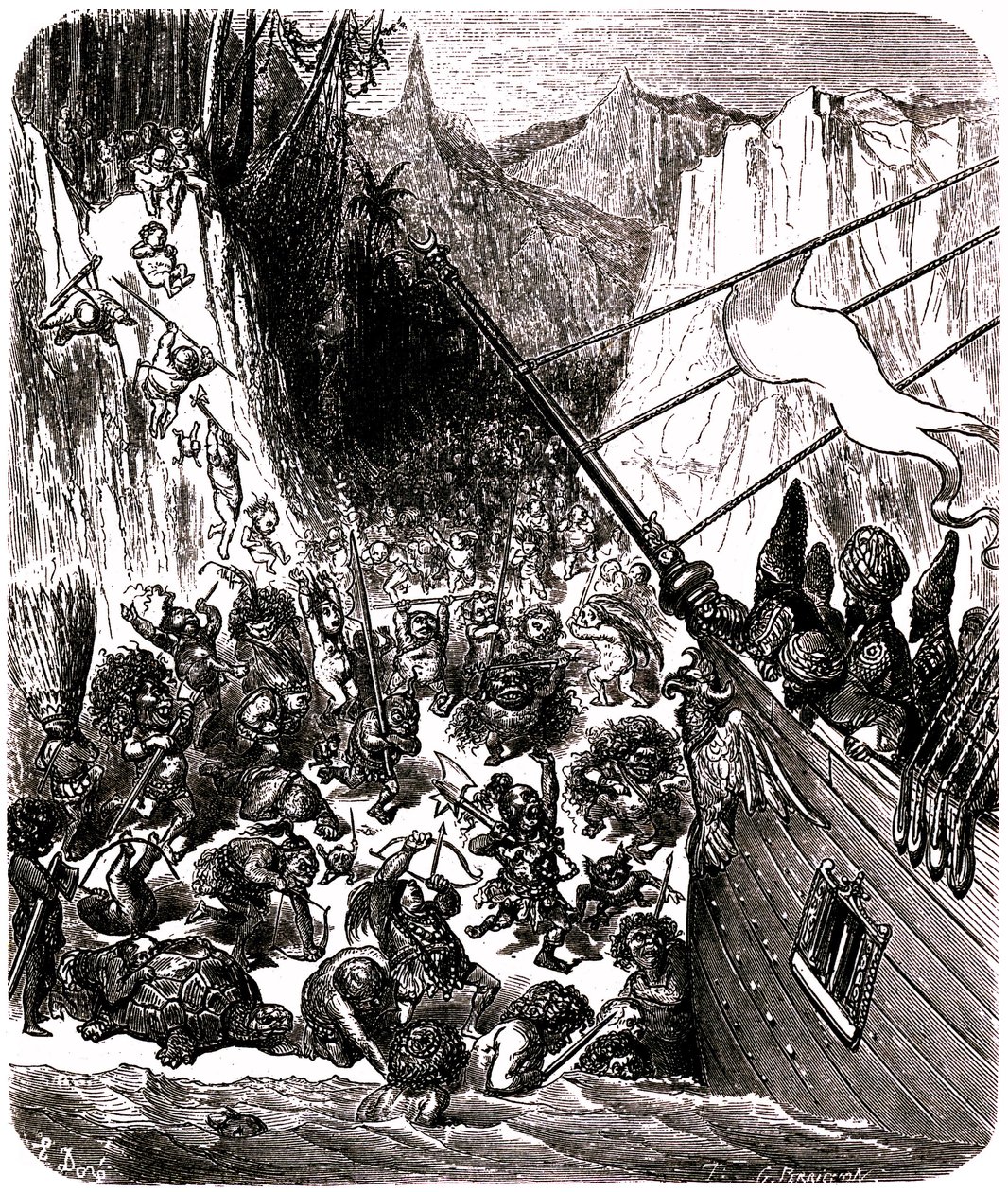 Sindbad il marinaio (Sinbad) - racconto delle mille e una notte (1001) - illustrazione di Gustave Doré - Terzo viaggio: una tempesta getta la nave di Sindbad e dei suoi compagni su un