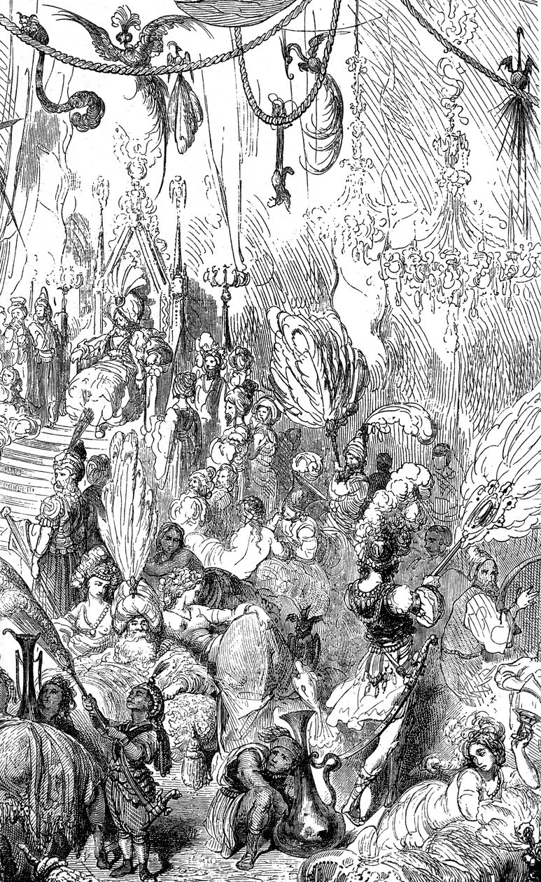 Sindbad il marinaio (Sinbad) - racconto delle mille e una notte (1001) - illustrazione di Gustave Doré - Edizione Maxwell 1865 - Sesto viaggio - questa incisione può rappresentare la corte del re di Serendib o quella del califfo Haroun al-Rashid da Gustave Dore