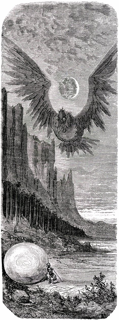 Sindbad il marinaio - racconto delle mille e una notte - illustrazione di Gustave Doré - edizione Maxwell 1865 - Secondo viaggio: Sindbad, avendo scoperto su un