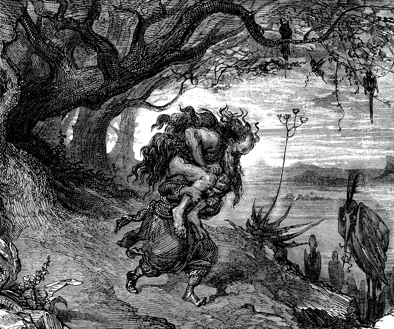 Sindbad il marinaio (Sinbad) - racconto delle mille e una notte (1001) - illustrazione di Gustave Doré (dettaglio) - edizione Maxwell 1865 - Quinto viaggio: Sindbad è costretto a portare sulla spalla un vecchio che si aggrappa a lui e dal quale non può più da Gustave Dore