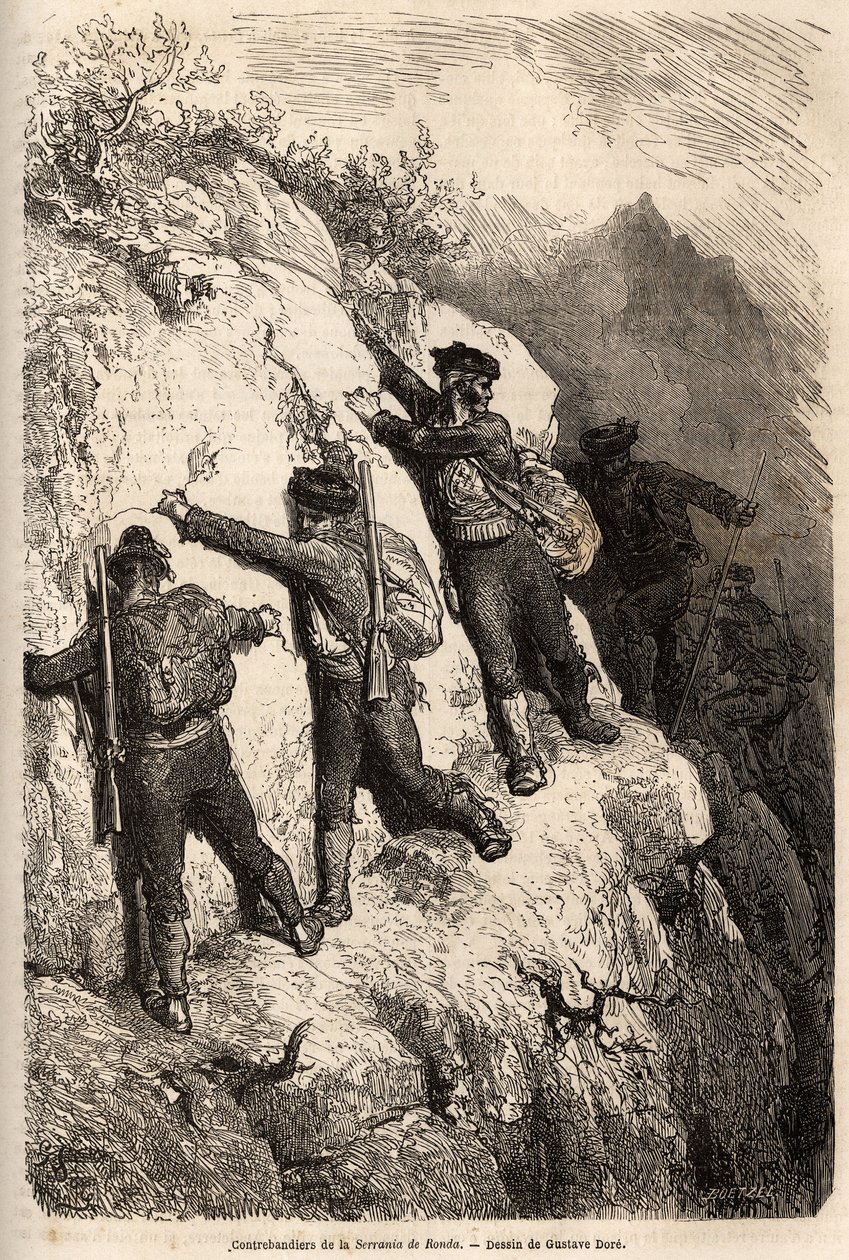 Contrabbandieri della Serrania de Ronda. Incisione per illustrare il viaggio in Spagna nel 1862, con Ch. Davillier, in 