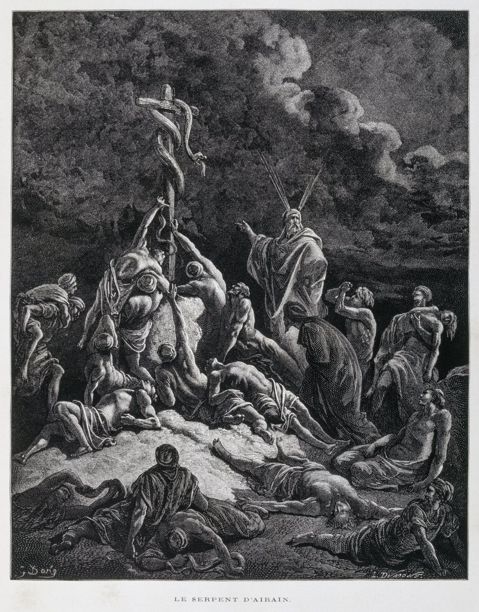 Così Mosè fece un serpente di bronzo e lo mise su un palo. Numeri 21:7, Illustrazione dalla Bibbia di Doré da Gustave Dore