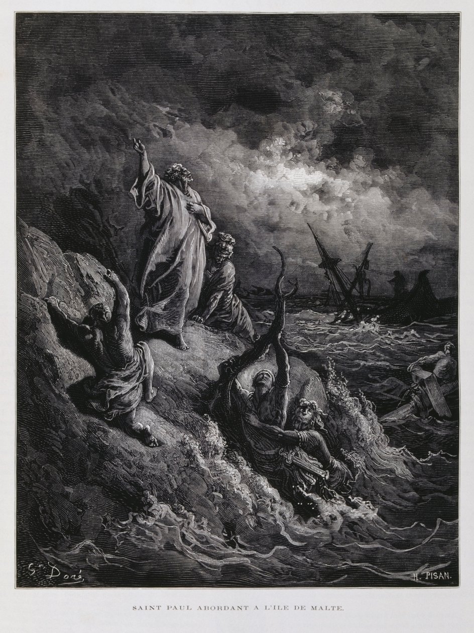 San Paolo sbarca a Malta, illustrazione dalla Bibbia di Doré da Gustave Dore