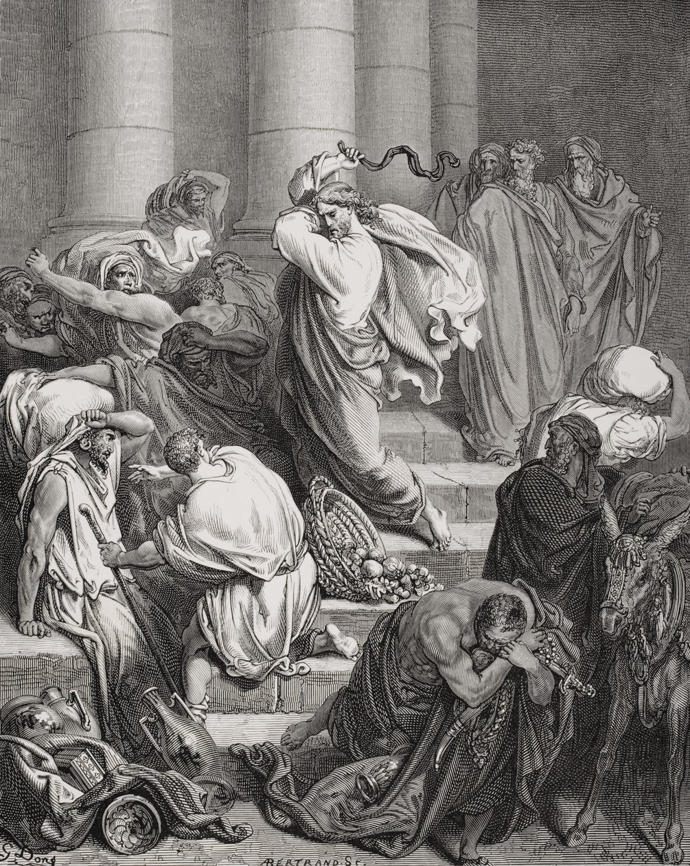I compratori e i venditori cacciati dal tempio, Luca 19:45-46, illustrazione dalla 
