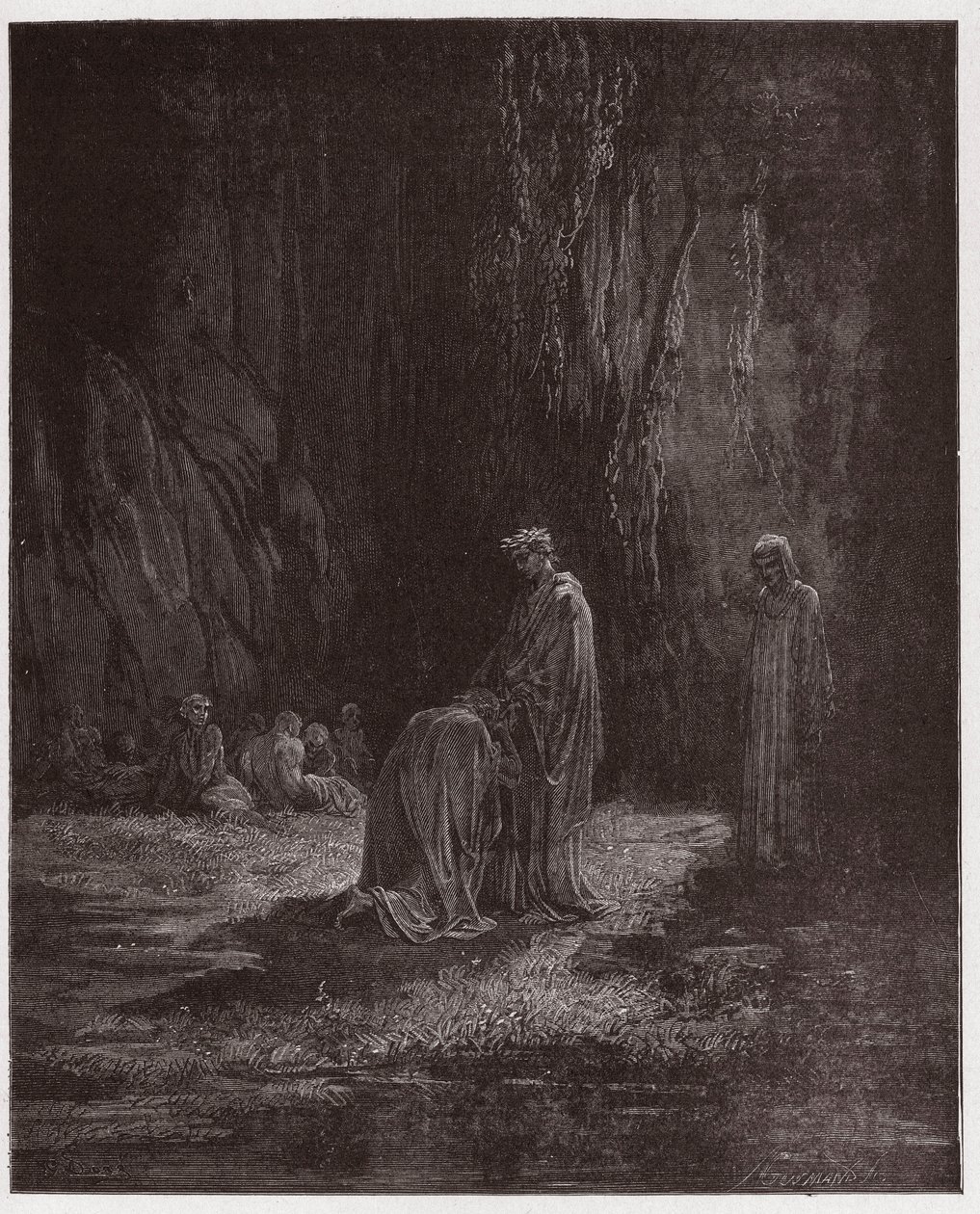 La Divina Commedia, Purgatorio, Canto 7: Il poeta Sordello, stupito, si inginocchia davanti a Virgilio - di Dante Alighieri (1265-1321) - Illustrazione di Gustave Doré (1832-1883). da Gustave Dore