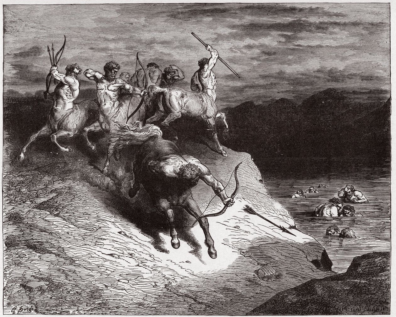 La Divina Commedia, Inferno, Canto 12: I centauri attaccano le anime nel sangue bollente - Illustrazione di Gustave Doré da Gustave Dore
