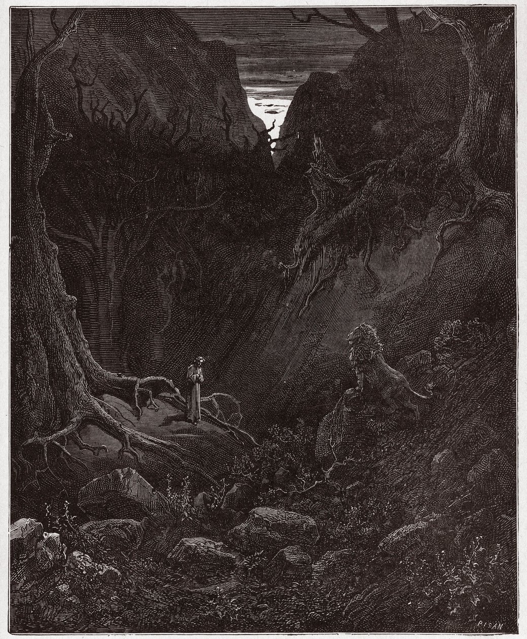 La Divina Commedia, Inferno, Canto 1: Il leone affronta improvvisamente Dante - Illustrazione di Gustave Doré da Gustave Dore