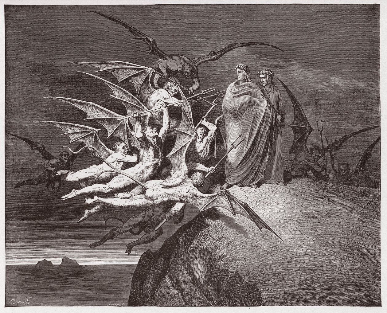 La Divina Commedia, Inferno, Canto 21: I demoni minacciano Virgilio - di Dante Alighieri (1265-1321) - Illustrazione di Gustave Doré (1832-1883) da Gustave Dore