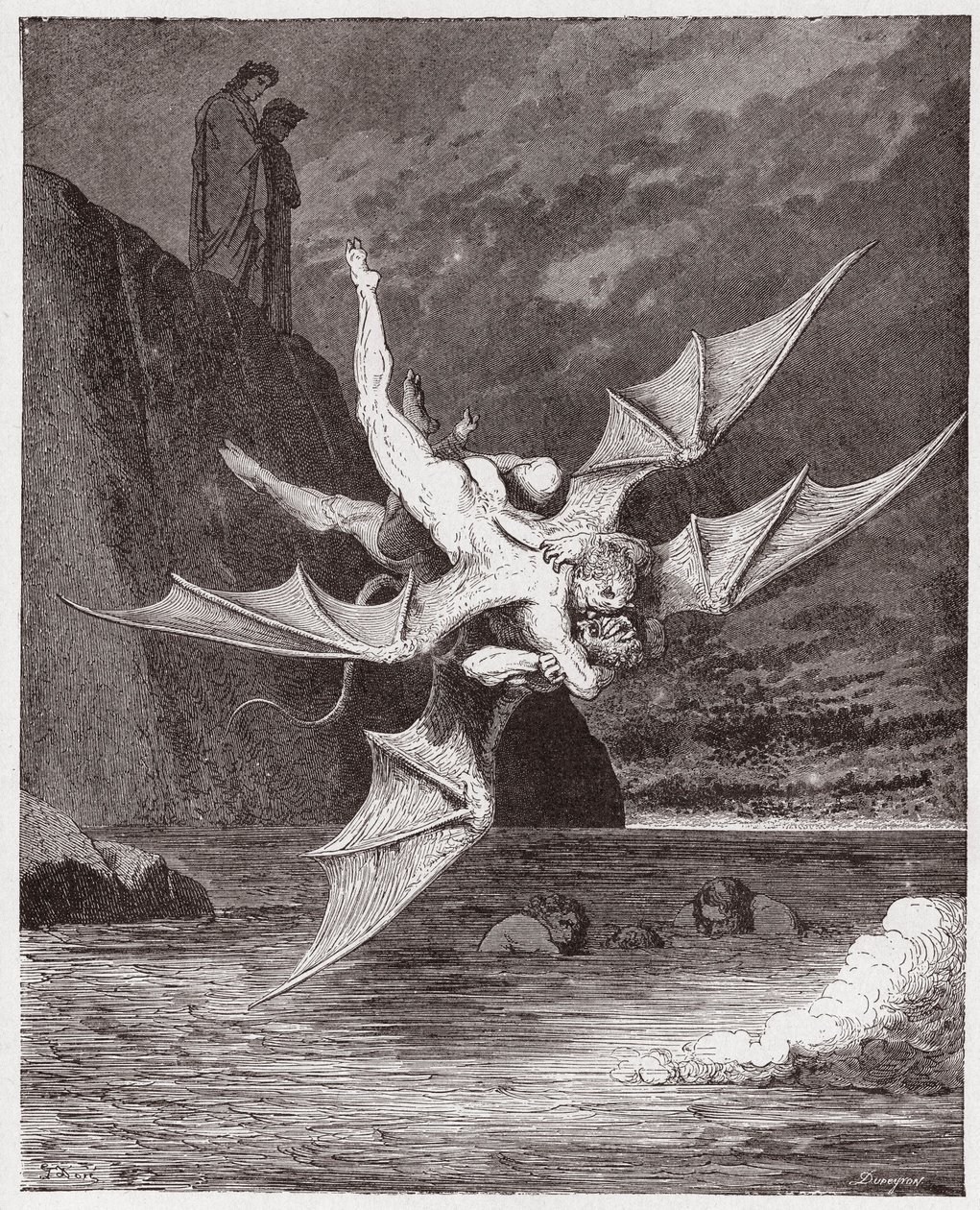 La Divina Commedia, Inferno, Canto 22: Alichino e Calcabrina si afferrano sopra la pece - di Dante Alighieri (1265-1321) - Illustrazione di Gustave Doré (1832-1883) da Gustave Dore