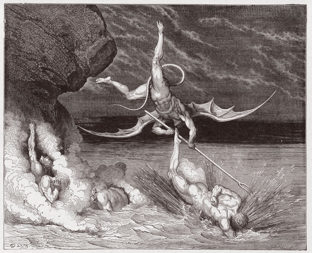La Divina Commedia, Inferno, Canto 22: Ciampolo sfugge al demone Alichino nella quinta bolgia - di Dante Alighieri (1265-1321) - Illustrazione di Gustave Doré (1832-1883) da Gustave Dore