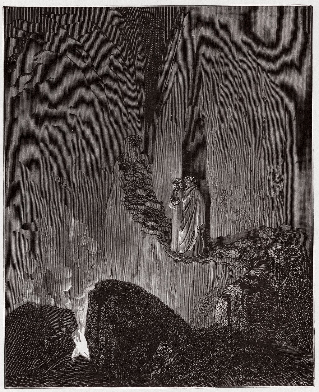 La Divina Commedia, Inferno, Canto 26: Gli spiriti fiammeggianti di Ulisse e Diomede - di Dante Alighieri (1265-1321) - Illustrazione di Gustave Doré (1832-1883). da Gustave Dore