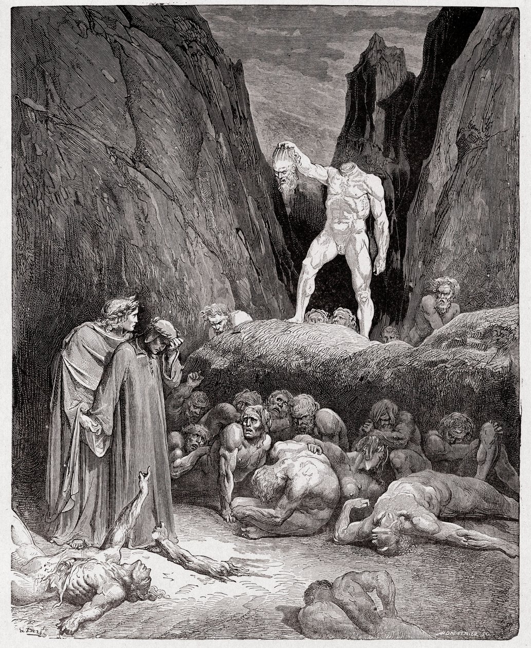 La Divina Commedia, Inferno, Canto 28: La testa mozzata di Bertrand de Born parla a Dante - di Dante Alighieri (1265-1321) - Illustrazione di Gustave Doré (1832-1883). da Gustave Dore