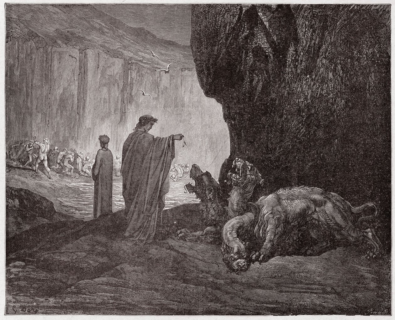 La Divina Commedia, Inferno, Canto 6: Virgilio nutre Cerbero nel terzo cerchio - di Dante Alighieri (1265-1321) - Illustrazione di Gustave Doré (1832-1883) da Gustave Dore