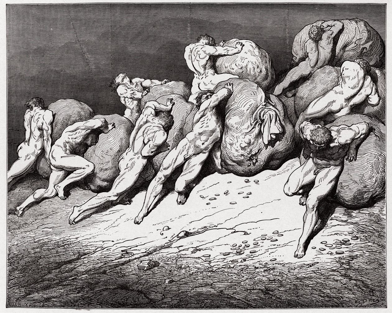 La Divina Commedia, Inferno, Canto 7: Le anime degli avari e dei prodighi costrette a rotolare pesanti pietre - di Dante Alighieri (1265-1321) - Illustrazione di Gustave Doré (1832-1883) da Gustave Dore