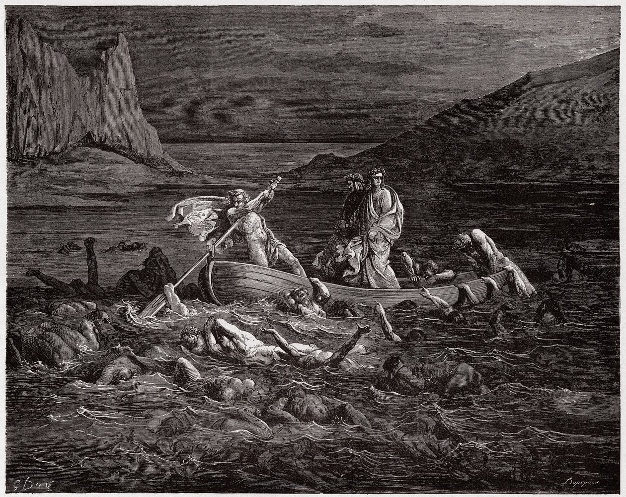 La Divina Commedia, Inferno, Canto 8: Flegias traghetta Dante e Virgilio attraverso lo Stige - di Dante Alighieri (1265-1321) - Illustrazione di Gustave Doré (1832-1883) da Gustave Dore