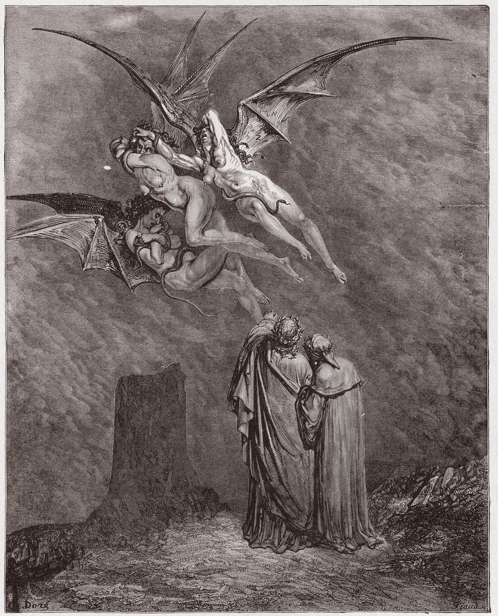 La Divina Commedia, Inferno, Canto 9: Le orribili Erinni: Megaera, Tisifone, Aletto - di Dante Alighieri (1265-1321) - Illustrazione di Gustave Dore (1832-1883) da Gustave Dore