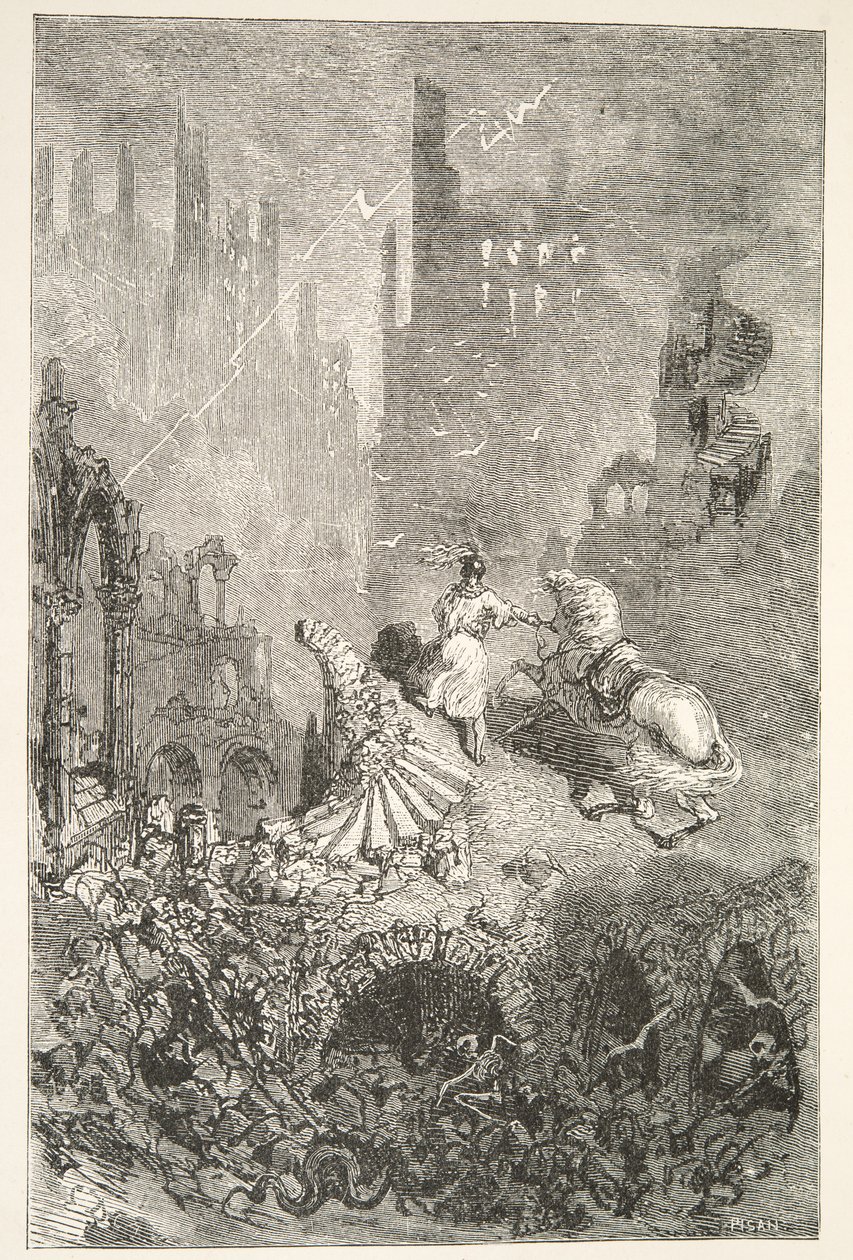 La Caduta del Castello di Re Pellam, da Stories of the Days of King Arthur di Charles Henry Hanson, pub.1898 da Gustave Dore