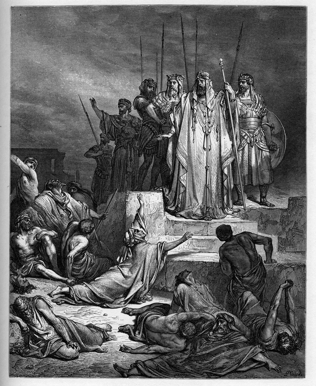 La carestia in Samaria - Antico Testamento: Assedio di Samaria. Il re di Siria assedia la città di Samaria, riducendola a una terribile carestia - incisione in La Bibbia illustrata di Gustave Doré (1832-1883) - Incisione da La Bibbia di Doré da Gustave Dore