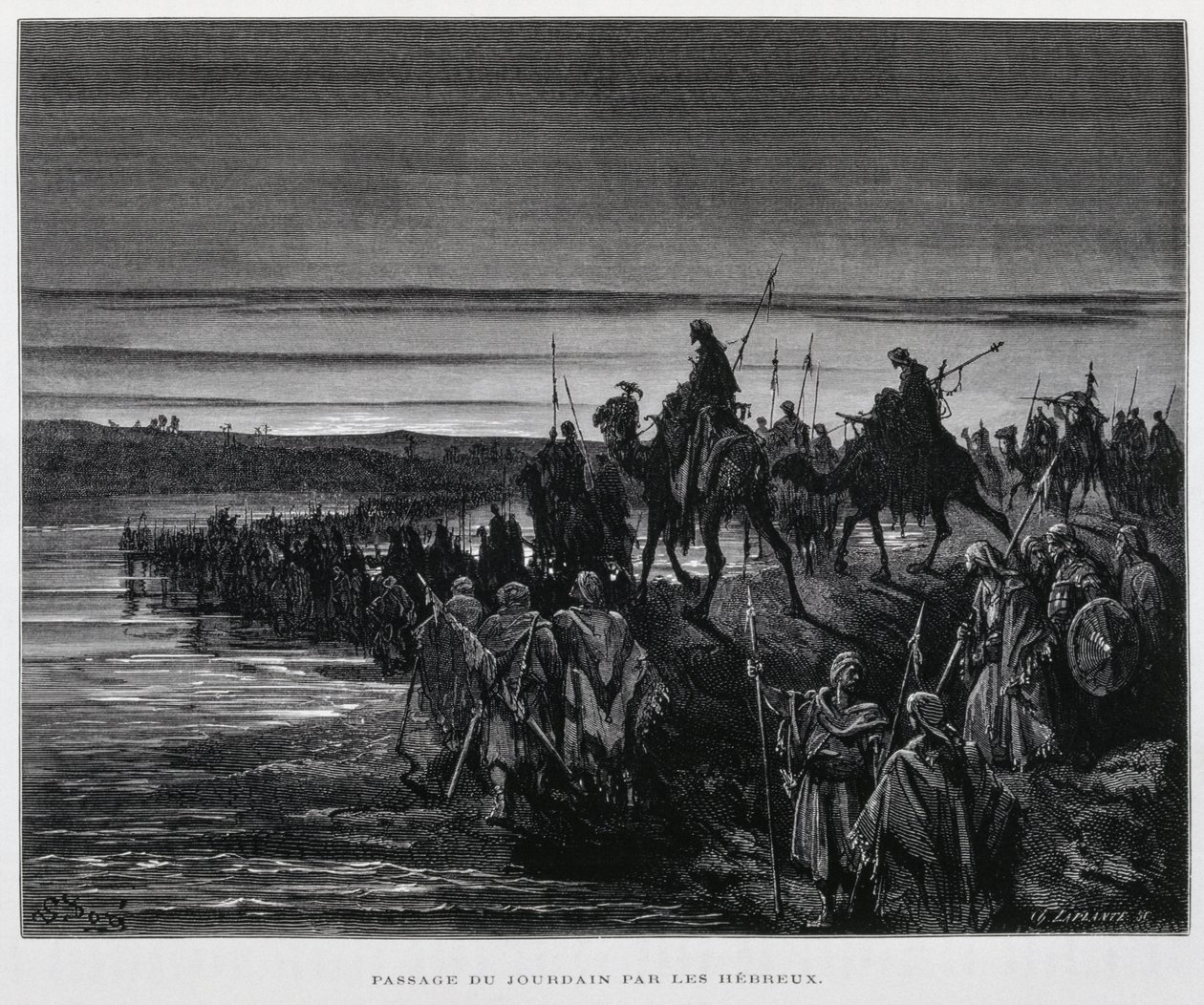 Le tribù ebraiche entrano in Canaan attraverso il fiume Giordano, Illustrazione dalla Bibbia di Doré da Gustave Dore