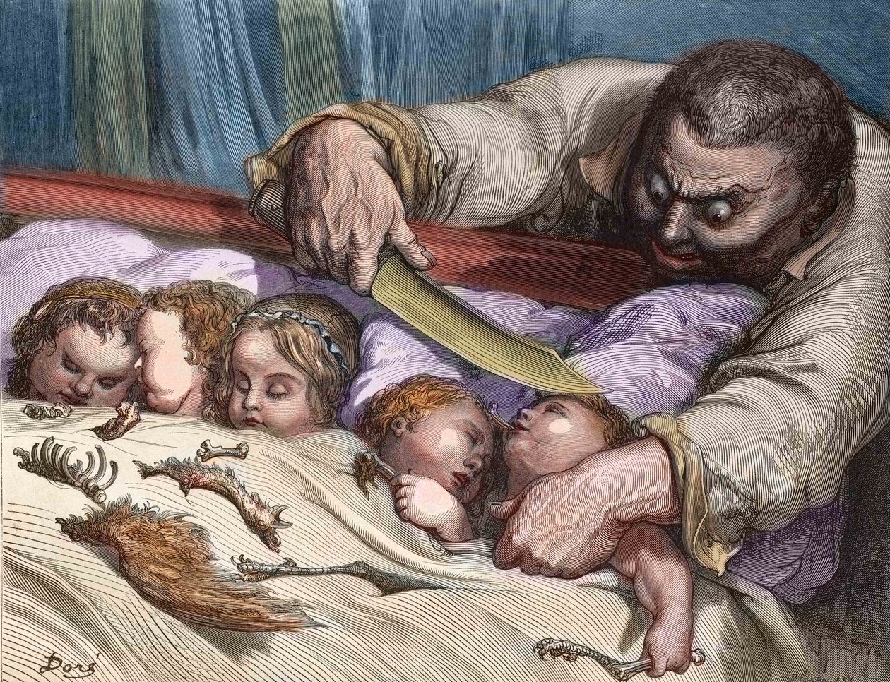 Il Pollicino di Charles Perrault (scrittore francese) Il gigante tagliò la gola alle sue figlie senza esitazione (incisione) da Gustave Dore