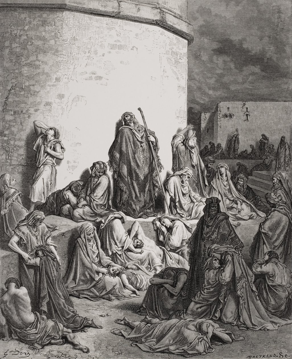 Il popolo in lutto sulle rovine di Gerusalemme, Lamentazioni 1:1-2, illustrazione dalla 