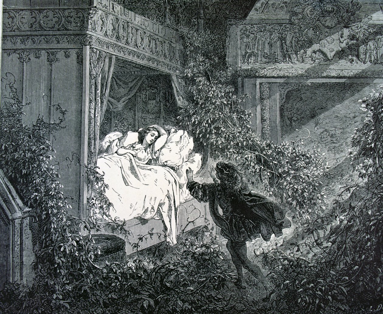 Il principe entra nella camera della principessa nel castello incantato, illustrazione per 