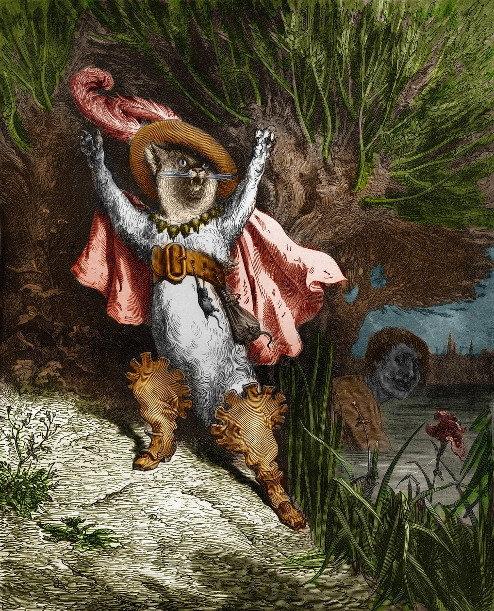 Il gatto con gli stivali chiede aiuto. Incisione di Gustave Doré da 